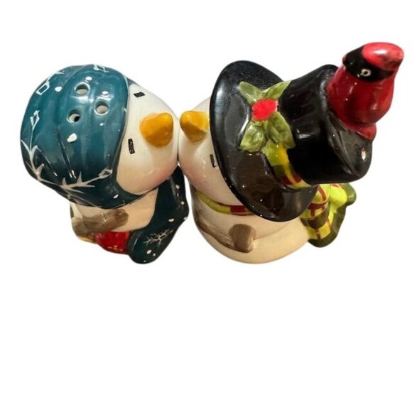 Ceramic Snowman Couple Salt & Pepper Shaker Set With Festive Details - Picture 3 of 16
